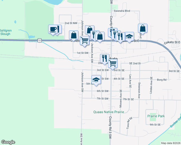 map of restaurants, bars, coffee shops, grocery stores, and more near 315 3rd Street Southwest in Cokato