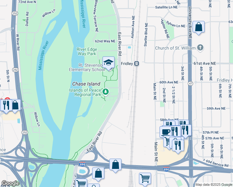 map of restaurants, bars, coffee shops, grocery stores, and more near in Fridley
