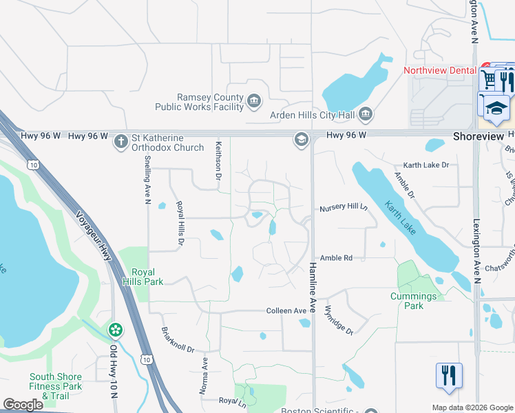 map of restaurants, bars, coffee shops, grocery stores, and more near 1433 Arden View Drive in Arden Hills