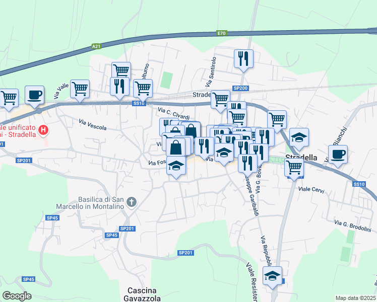 map of restaurants, bars, coffee shops, grocery stores, and more near 17 Piazza Vittorio Veneto in Stradella