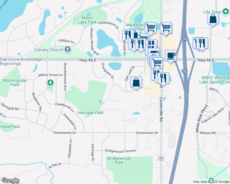 map of restaurants, bars, coffee shops, grocery stores, and more near 4469 Evergreen Drive in Vadnais Heights
