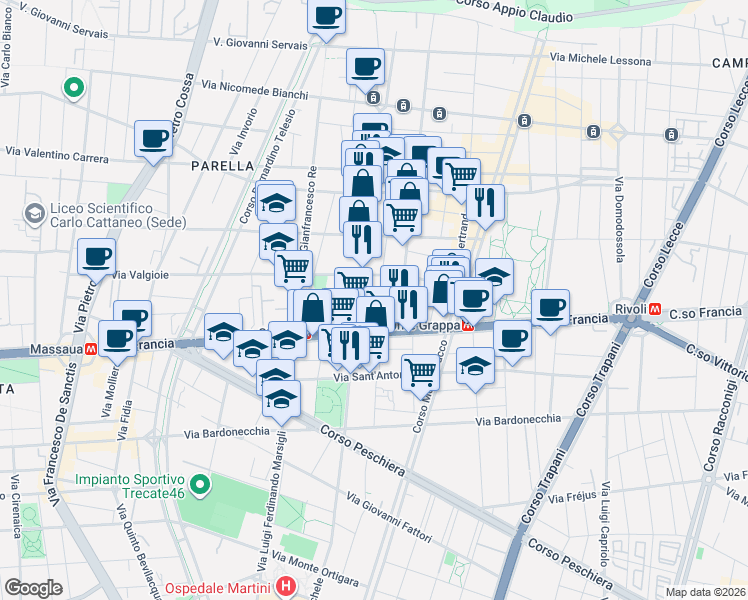 map of restaurants, bars, coffee shops, grocery stores, and more near 29 Via Valgioie in Turin