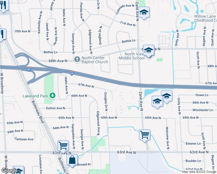 map of restaurants, bars, coffee shops, grocery stores, and more near 6250 67th Avenue North in Minneapolis