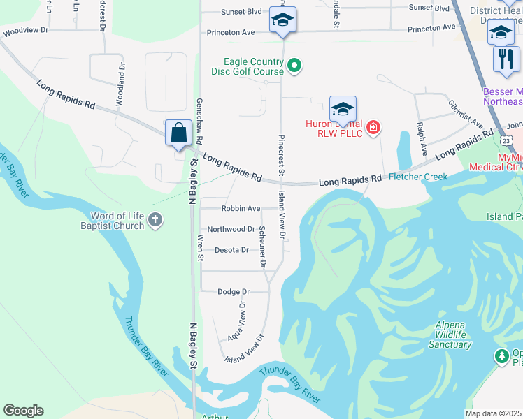 map of restaurants, bars, coffee shops, grocery stores, and more near 515 Robbin Ave in Alpena