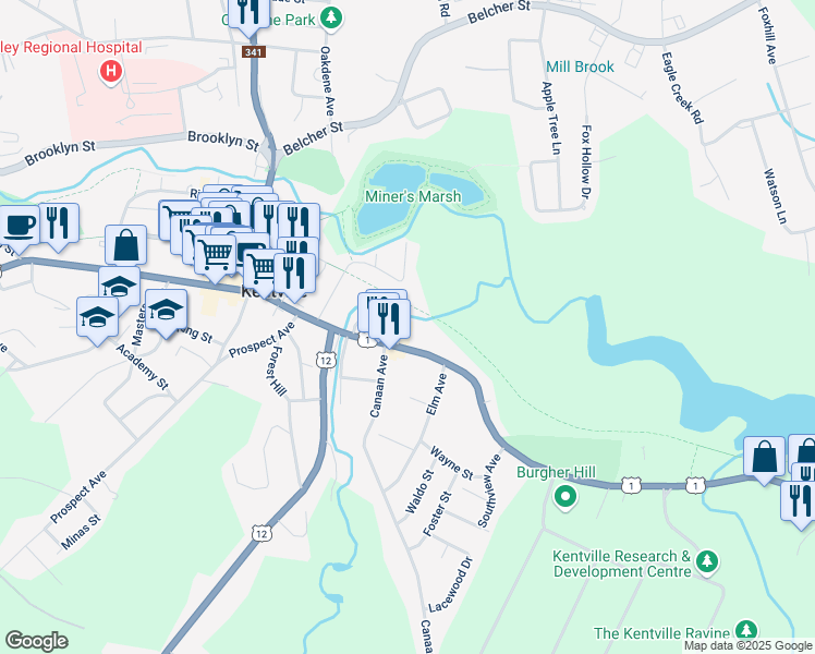 map of restaurants, bars, coffee shops, grocery stores, and more near 13 Crescent Avenue in Kentville