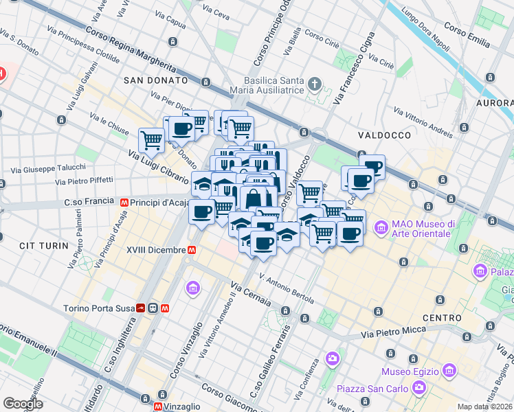map of restaurants, bars, coffee shops, grocery stores, and more near 21 Via del Carmine in Torino