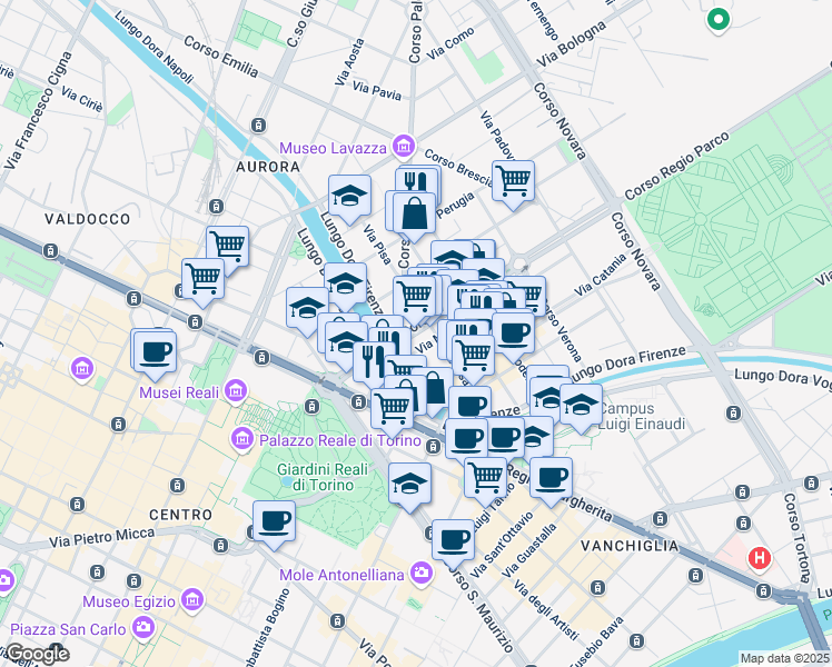 map of restaurants, bars, coffee shops, grocery stores, and more near 32 Via Pisa in Torino