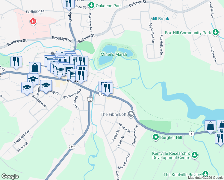 map of restaurants, bars, coffee shops, grocery stores, and more near 13 Crescent Avenue in Kentville
