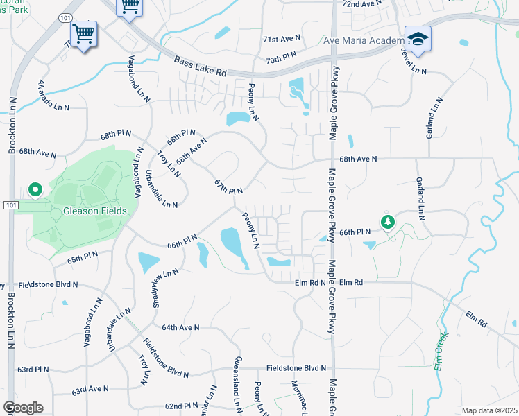 map of restaurants, bars, coffee shops, grocery stores, and more near 17924 66th Avenue North in Osseo