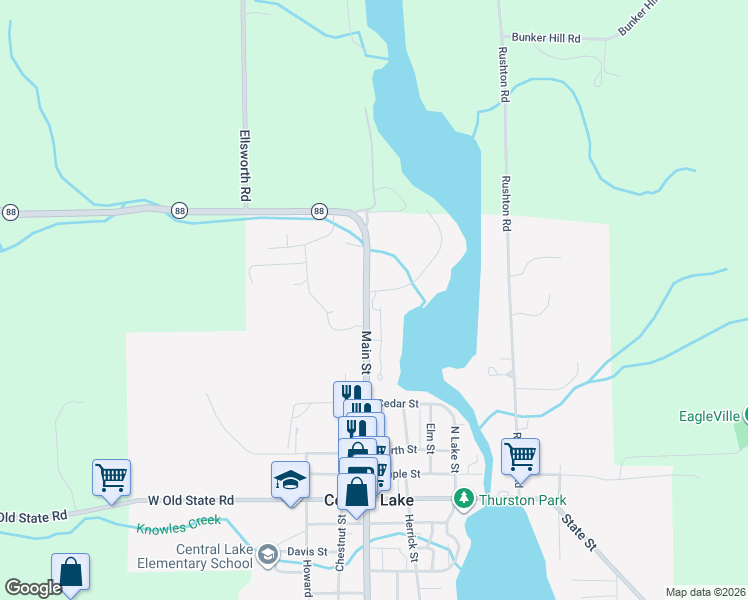 map of restaurants, bars, coffee shops, grocery stores, and more near 2849 Highway 88 in Central Lake