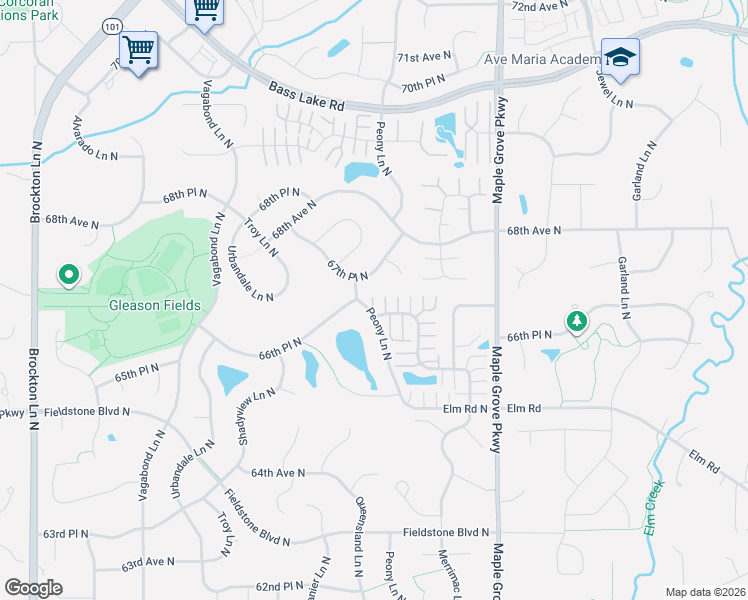 map of restaurants, bars, coffee shops, grocery stores, and more near 17924 66th Avenue North in Osseo