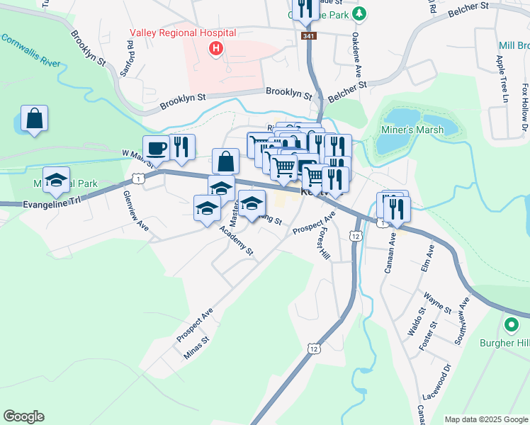 map of restaurants, bars, coffee shops, grocery stores, and more near 31 King Street in Kentville
