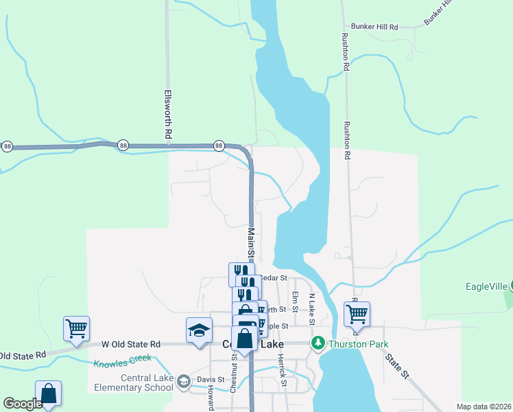 map of restaurants, bars, coffee shops, grocery stores, and more near 2849 Highway 88 in Central Lake
