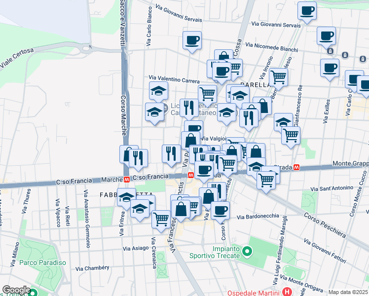 map of restaurants, bars, coffee shops, grocery stores, and more near 17 Via Pietro Cossa in Torino