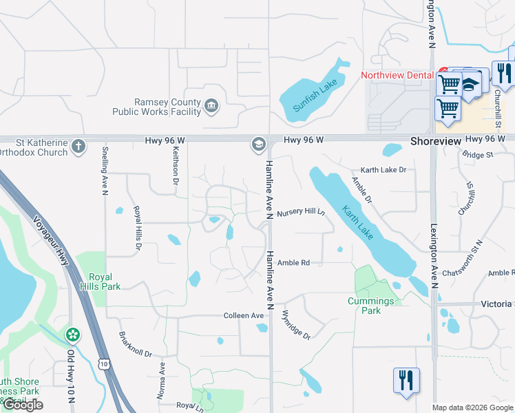 map of restaurants, bars, coffee shops, grocery stores, and more near 1353 Arden View Drive in Arden Hills