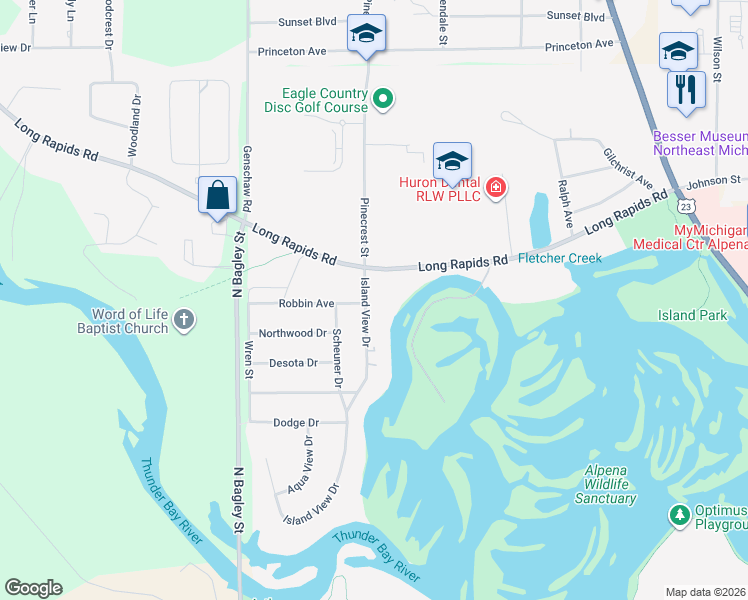 map of restaurants, bars, coffee shops, grocery stores, and more near 101-279 Island View Drive in Alpena