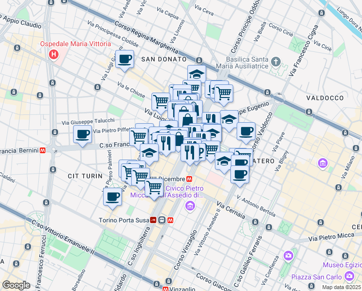 map of restaurants, bars, coffee shops, grocery stores, and more near 8 Via Carlo Boucheron in Torino