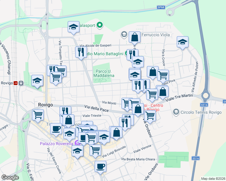 map of restaurants, bars, coffee shops, grocery stores, and more near Via G. Vittorio Frassinella in Rovigo