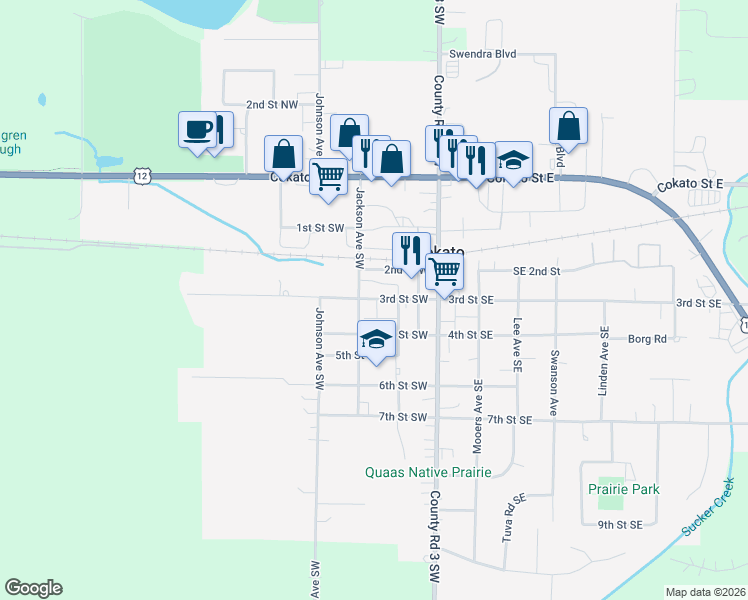 map of restaurants, bars, coffee shops, grocery stores, and more near 260 3rd Street Southwest in Cokato