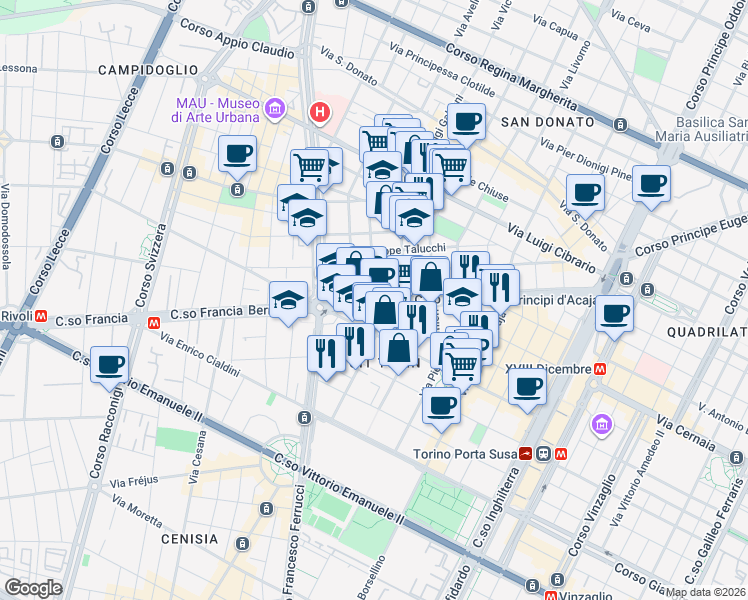map of restaurants, bars, coffee shops, grocery stores, and more near 56-58 Corso Francia in Torino