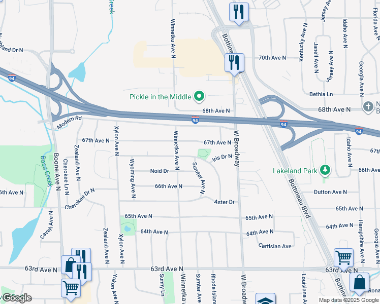 map of restaurants, bars, coffee shops, grocery stores, and more near 7717 67th Avenue North in Minneapolis