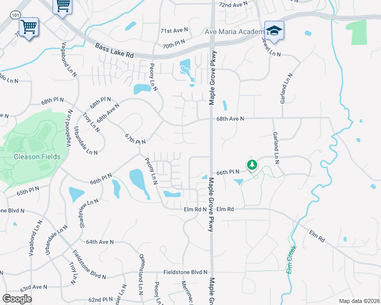 map of restaurants, bars, coffee shops, grocery stores, and more near 17658 67th Avenue North in Osseo