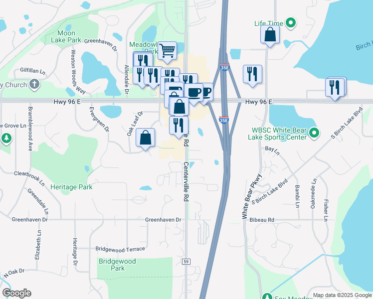 map of restaurants, bars, coffee shops, grocery stores, and more near 4466 Centerville Road in White Bear Lake