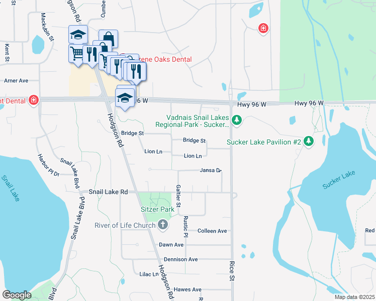 map of restaurants, bars, coffee shops, grocery stores, and more near 206 Bridge Street in Shoreview