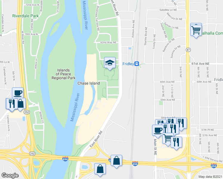 map of restaurants, bars, coffee shops, grocery stores, and more near 142 Charles Street Northeast in Minneapolis