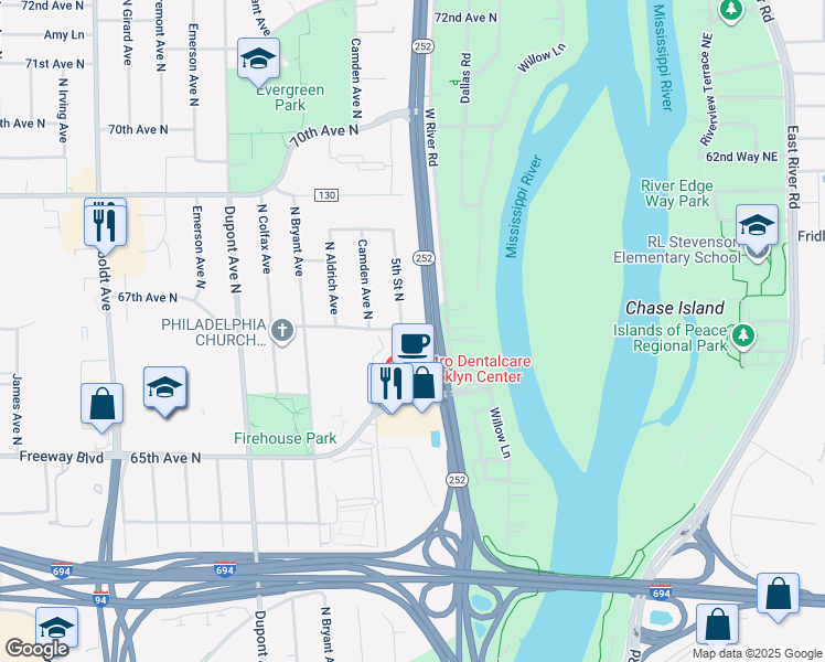 map of restaurants, bars, coffee shops, grocery stores, and more near 420 67th Avenue North in Minneapolis