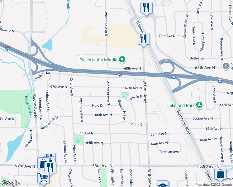 map of restaurants, bars, coffee shops, grocery stores, and more near 7717 67th Avenue North in Minneapolis