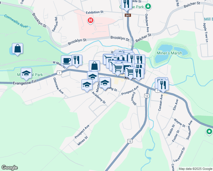 map of restaurants, bars, coffee shops, grocery stores, and more near 35 King Street in Kentville
