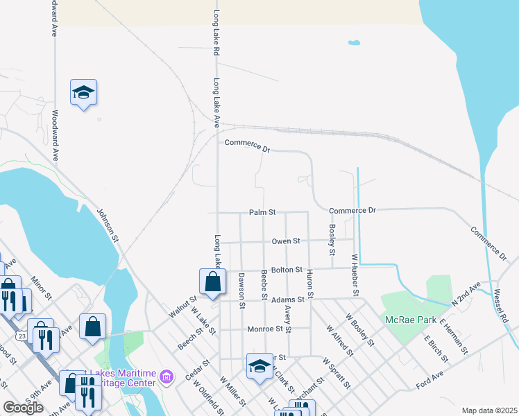 map of restaurants, bars, coffee shops, grocery stores, and more near 600 Beebe Street in Alpena