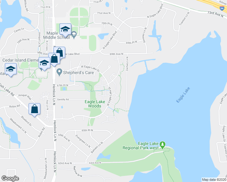 map of restaurants, bars, coffee shops, grocery stores, and more near 247 West Eagle Lake Drive in Maple Grove