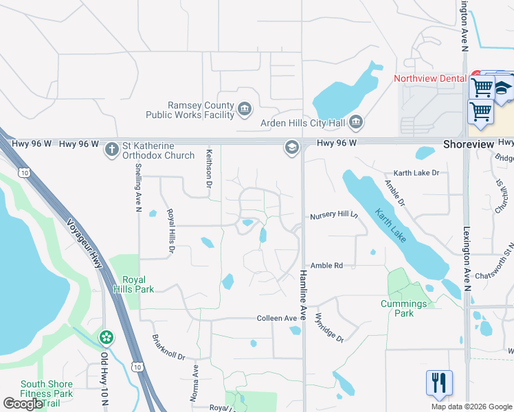 map of restaurants, bars, coffee shops, grocery stores, and more near 1433 Arden View Drive in Arden Hills
