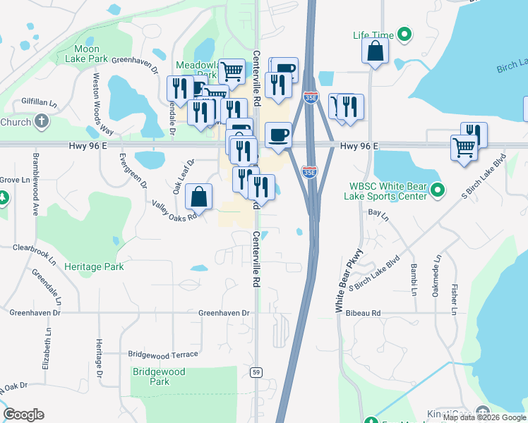 map of restaurants, bars, coffee shops, grocery stores, and more near 4466 Centerville Road in White Bear Lake
