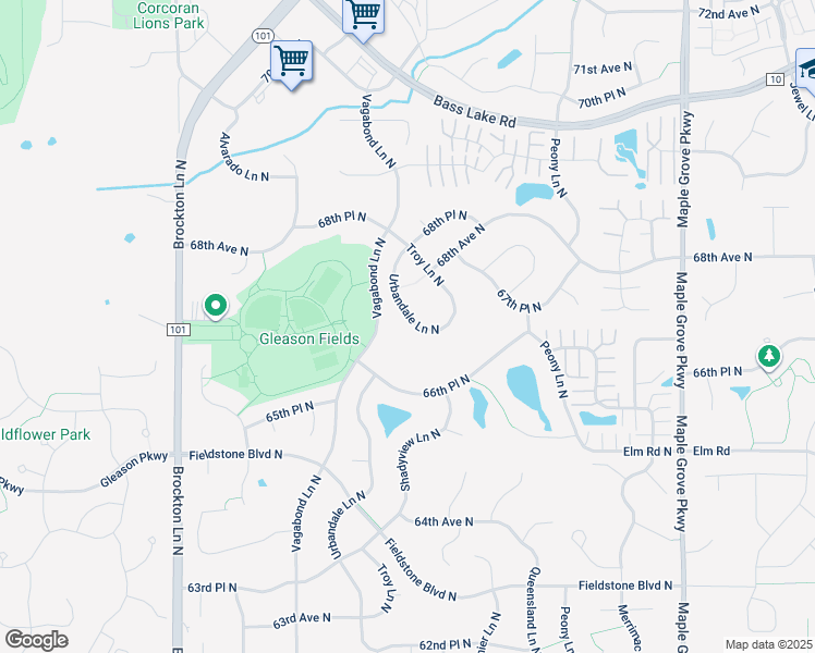 map of restaurants, bars, coffee shops, grocery stores, and more near 6701 Urbandale Lane North in Maple Grove