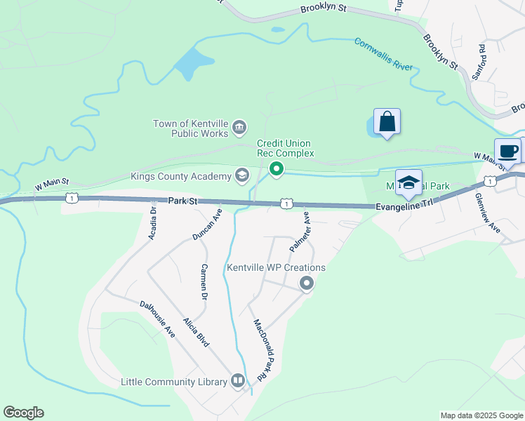 map of restaurants, bars, coffee shops, grocery stores, and more near 270 Park Street in Kentville