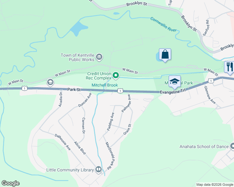 map of restaurants, bars, coffee shops, grocery stores, and more near 256 Park Street in Kentville