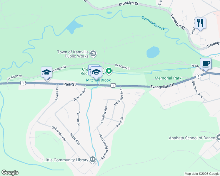 map of restaurants, bars, coffee shops, grocery stores, and more near 256 Park Street in Kentville