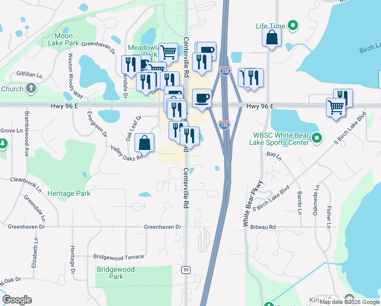 map of restaurants, bars, coffee shops, grocery stores, and more near 4466 Centerville Road in White Bear Lake
