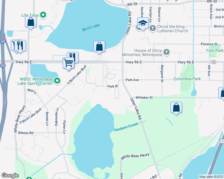 map of restaurants, bars, coffee shops, grocery stores, and more near 1500 Park Street in White Bear Lake