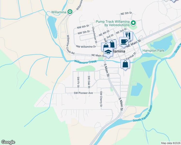 map of restaurants, bars, coffee shops, grocery stores, and more near 214 Southwest Oak Street in Willamina