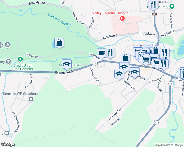 map of restaurants, bars, coffee shops, grocery stores, and more near 19 Glenview Avenue in Kentville