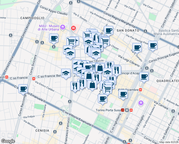 map of restaurants, bars, coffee shops, grocery stores, and more near 58 Corso Francia in Torino