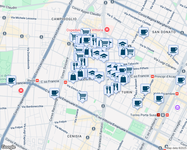 map of restaurants, bars, coffee shops, grocery stores, and more near 5 Via Giacomo Medici in Turin