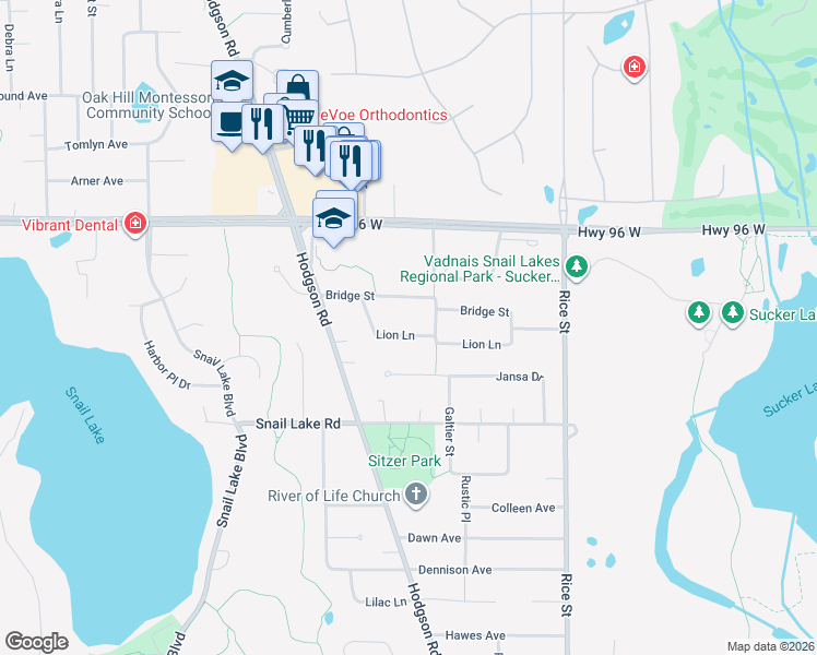 map of restaurants, bars, coffee shops, grocery stores, and more near 285 Lion Lane in Shoreview