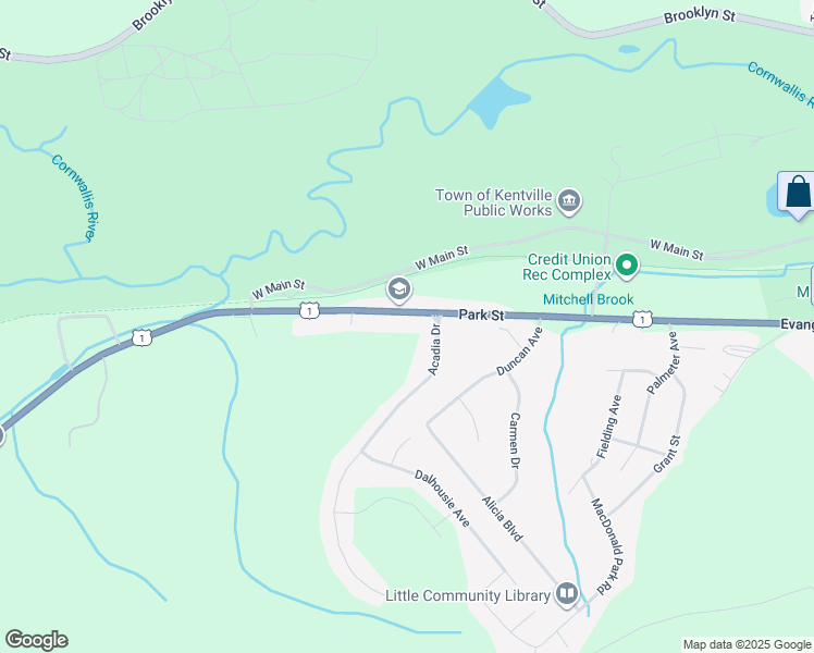 map of restaurants, bars, coffee shops, grocery stores, and more near 410 Park Street in Kentville