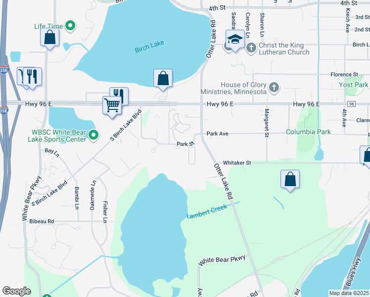 map of restaurants, bars, coffee shops, grocery stores, and more near 1500 Park Street in White Bear Lake