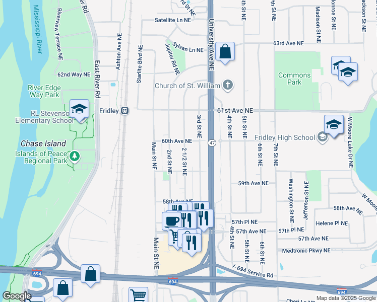 map of restaurants, bars, coffee shops, grocery stores, and more near 5947 2 1/2 Street Northeast in Fridley